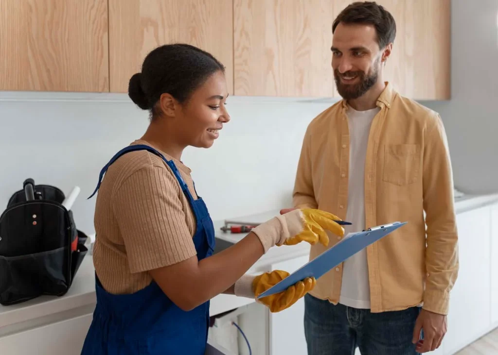 A cleaning professional discussing service options with a customer