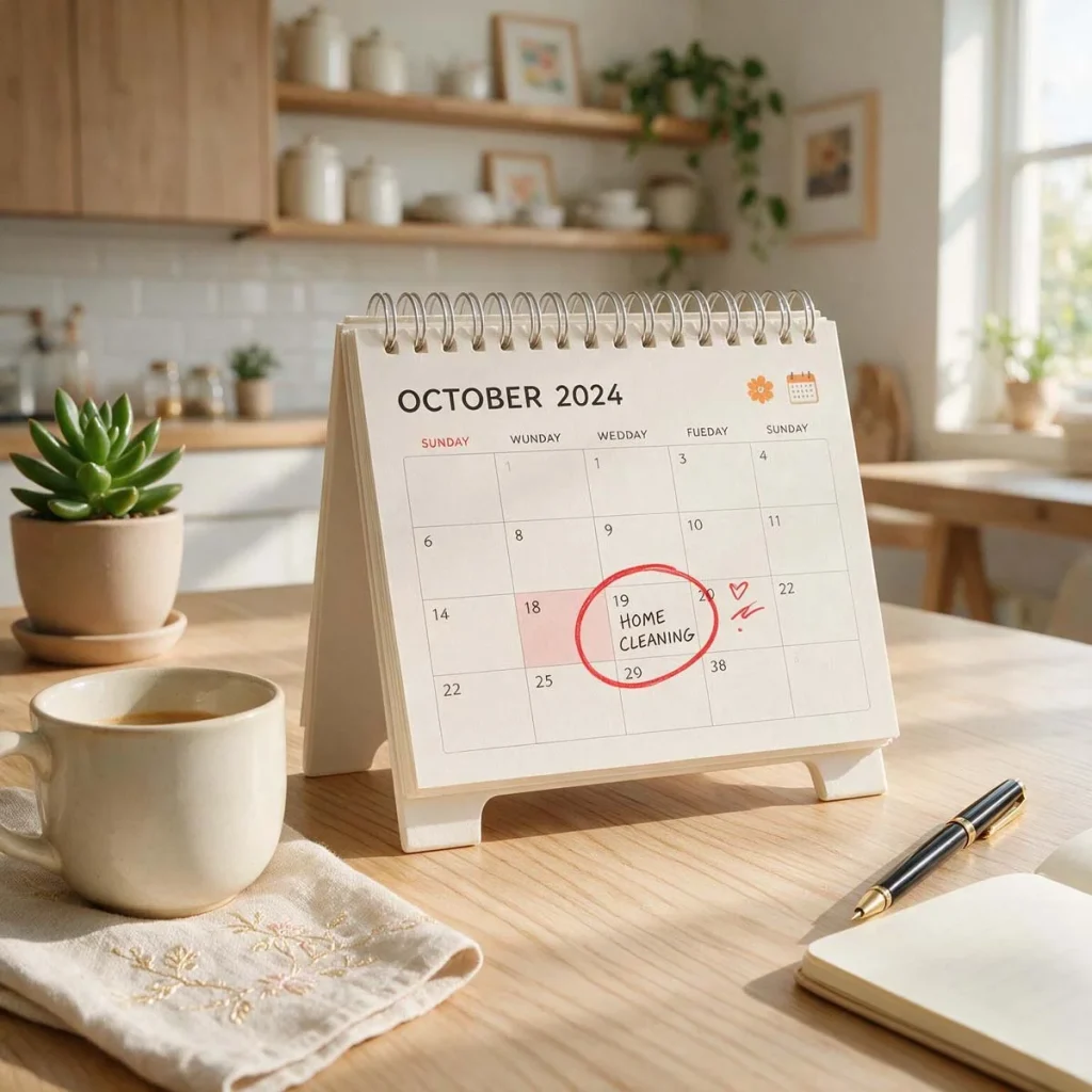 A desk calendar with a date circled to schedule a home cleaning appointment