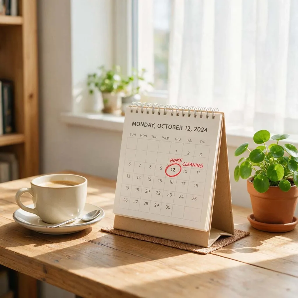 A desk calendar with a specific date circled for a home cleaning appointment