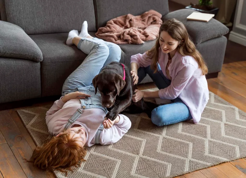 A family relaxing comfortably on a freshly cleaned carpet