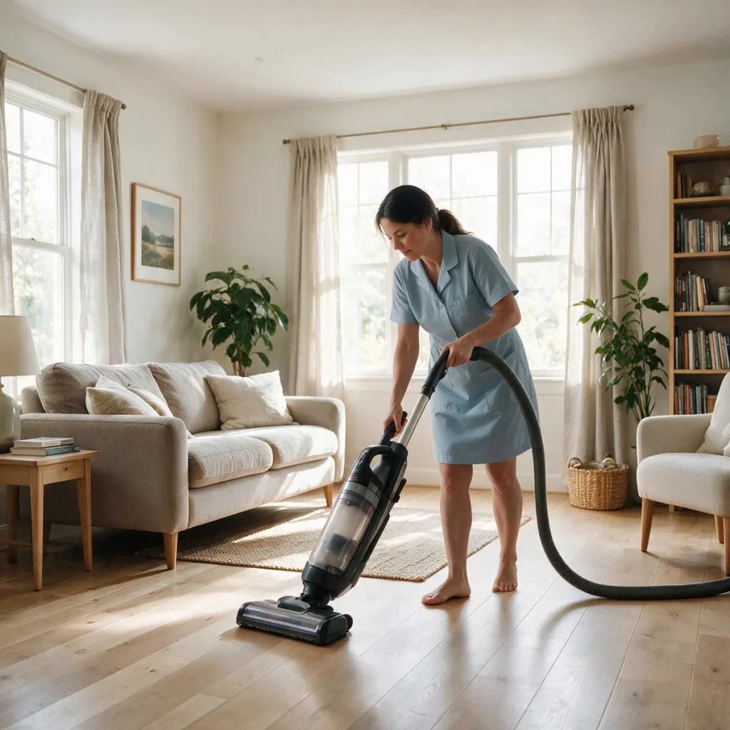 A professional cleaner vacuuming the floor of a sunny residential home