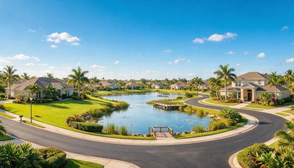 Landscaped-suburban-neighborhood-with-lakes-and-palm-trees-in-Sunrise