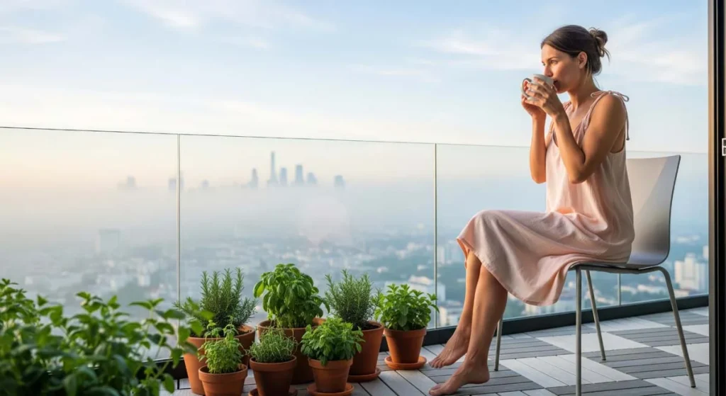 Person relaxing on a freshly cleaned outdoor apartment balcony