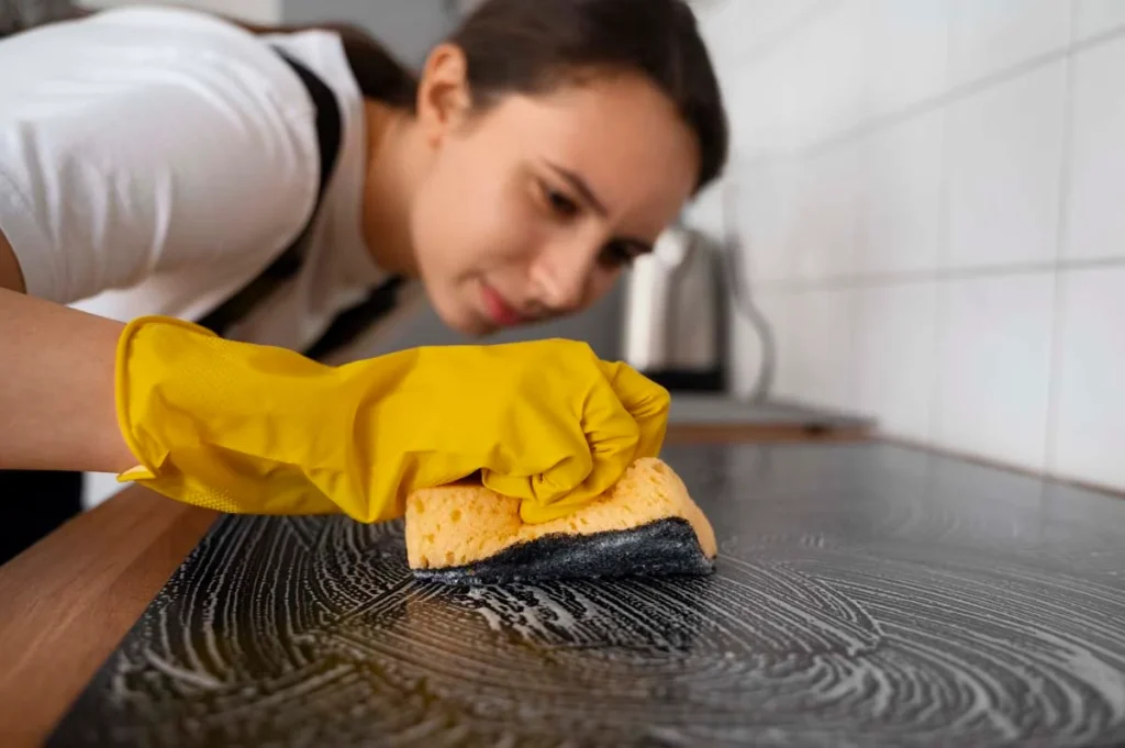 Professional house cleaner wiping a kitchen countertop with a yellow microfiber cloth