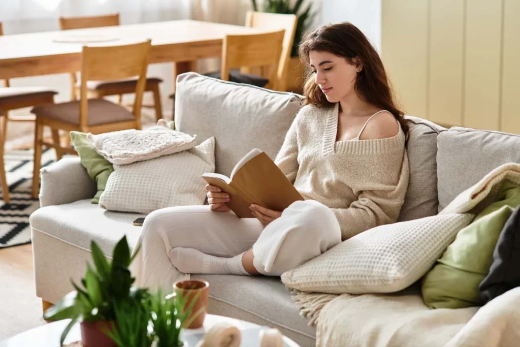 Relaxed person enjoying a cup of coffee in a freshly cleaned living room