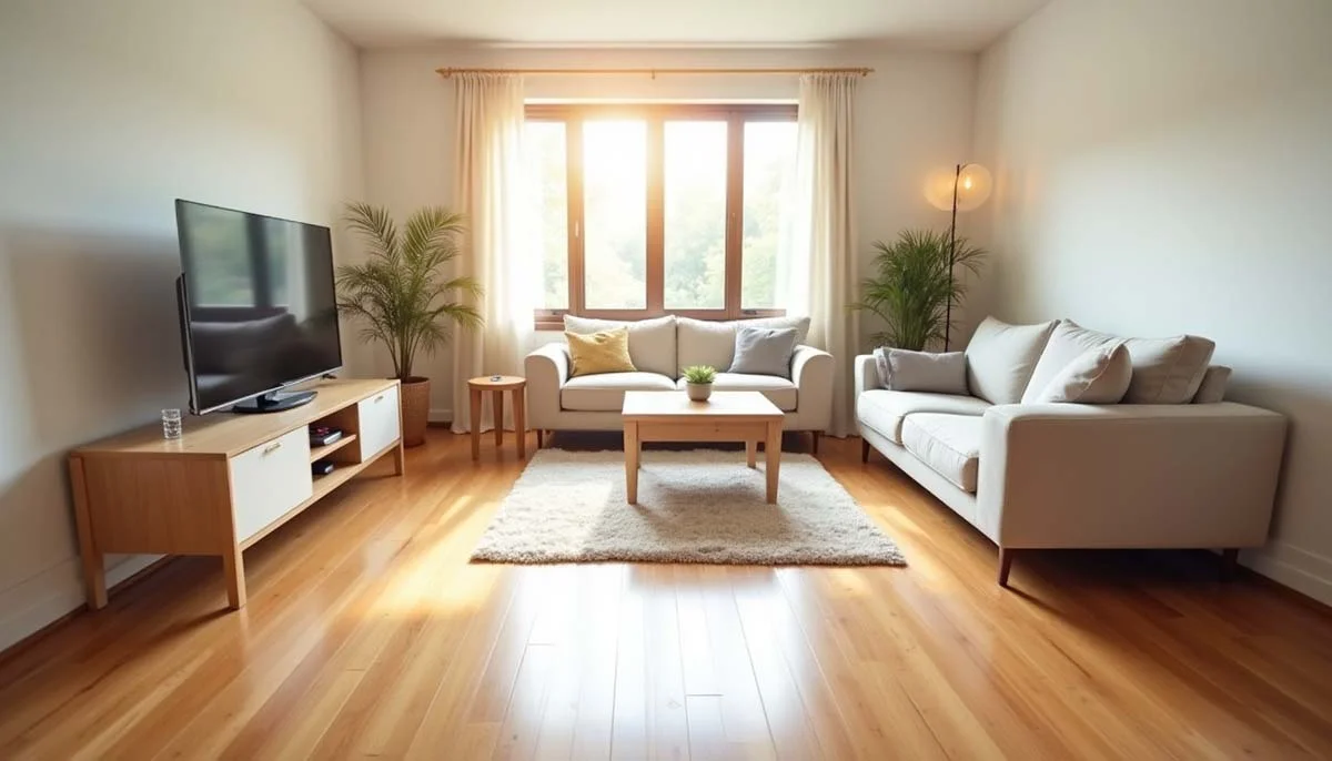 A bright and tidy living room with clean hardwood floors and organized furniture