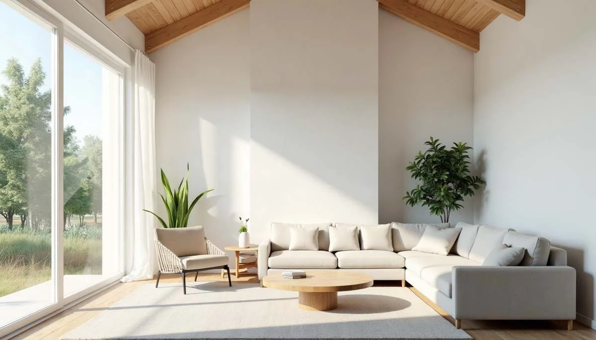 A bright, clean living room interior with a high ceiling
