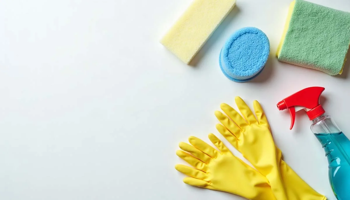 An organized collection of essential home cleaning supplies and tools laid out on a clean counter.