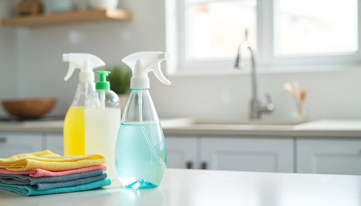 Essential kitchen cleaning products including spray cleaner and dish soap arranged on a modern counter