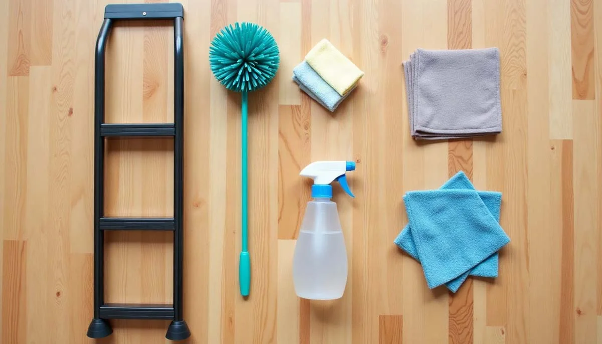 Essential tools and supplies laid out for safe ceiling cleaning