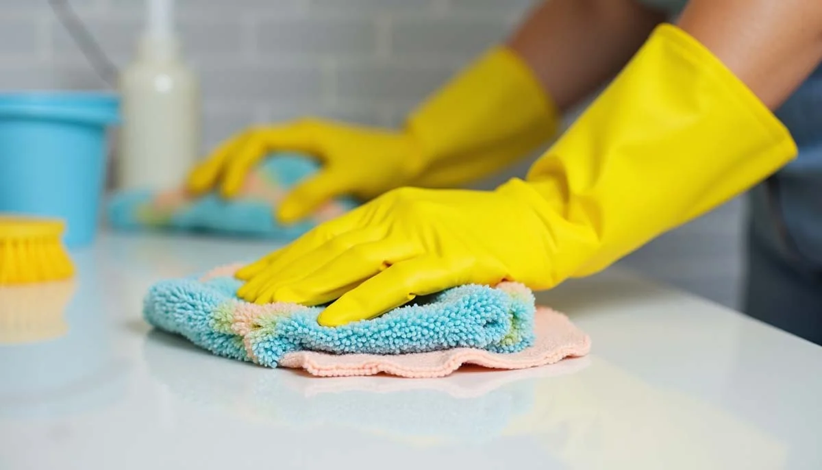 Hands wearing rubber gloves wiping a surface with a microfiber cloth alongside basic cleaning tools