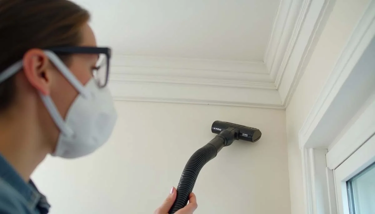Person wearing protective gear while vacuuming dust off a ceiling corne