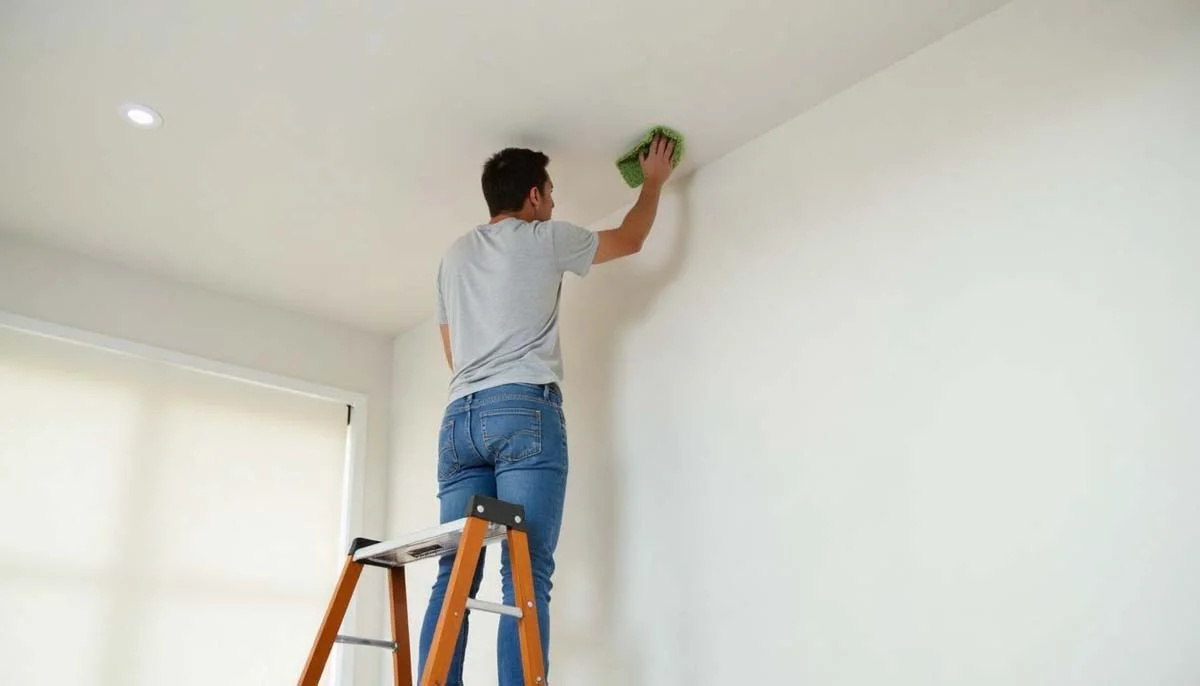 Safe use of a step ladder to wipe a painted ceiling with minimal moisture