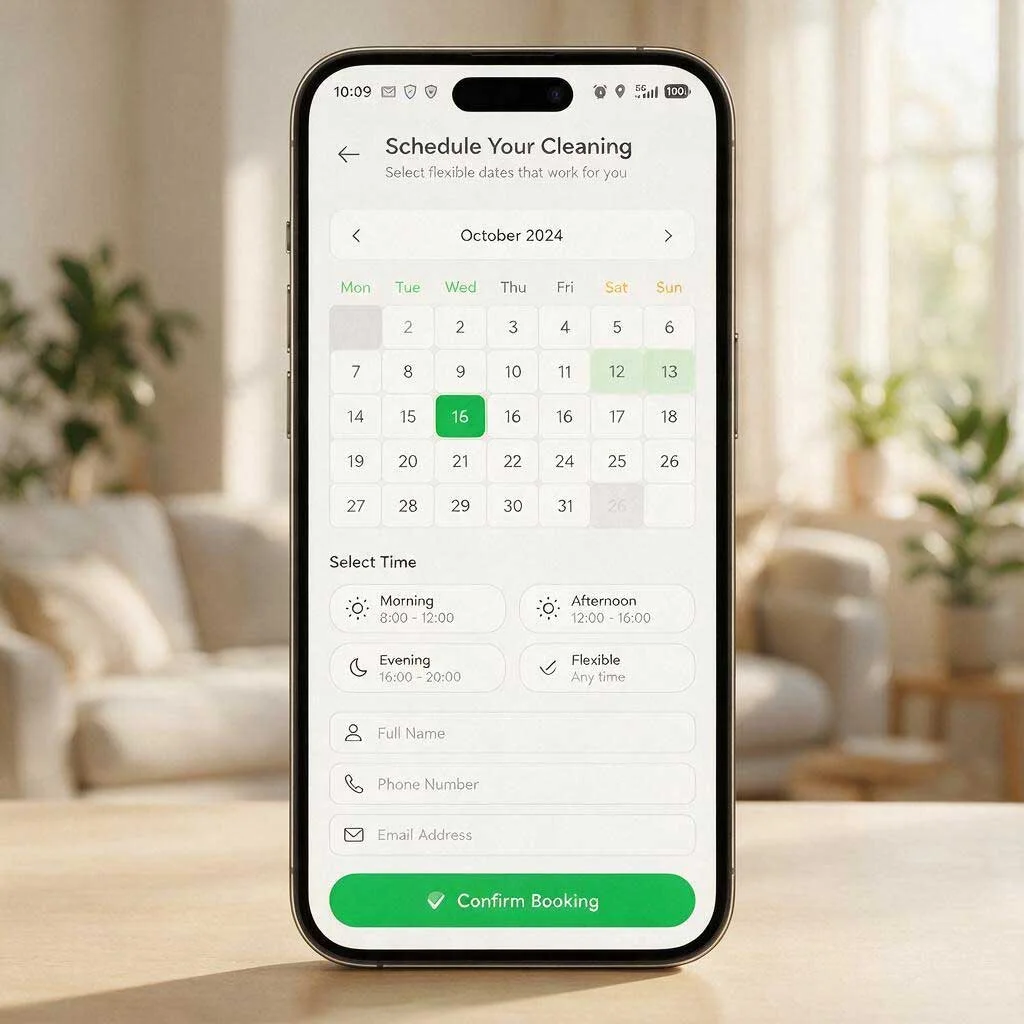 A smartphone displaying a calendar app used to select flexible cleaning dates
