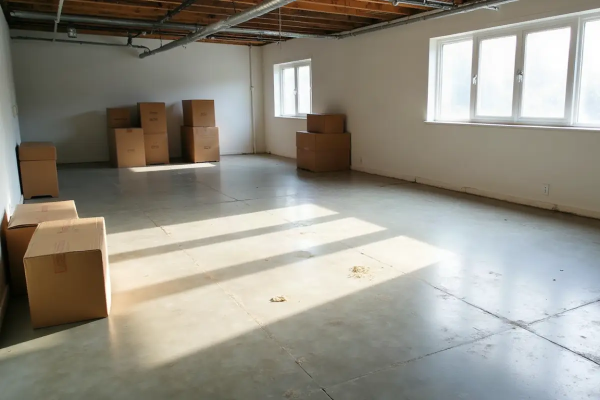 Bright modern condo basement with a lightly dusty concrete floor and tracked-in dirt that needs a routine cleanup.