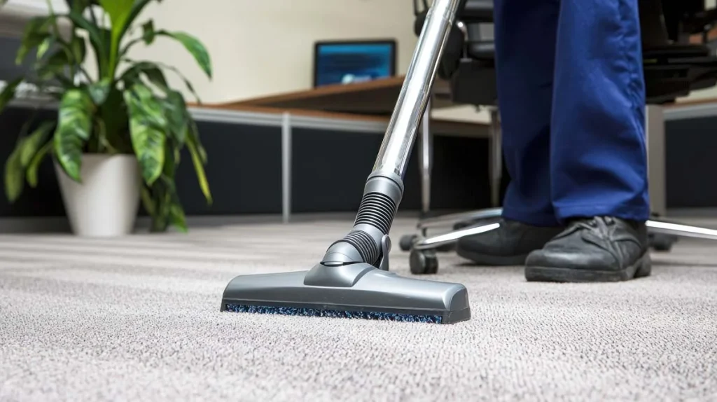 Close-up of a male professional cleaner vacuuming the floor of a bright, modern living room in the daytime