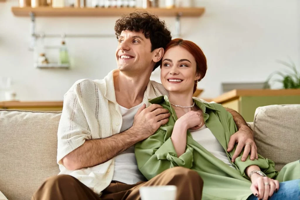 Happy couple relaxing on the couch in their freshly cleaned, tidy living room, smiling and enjoying the space