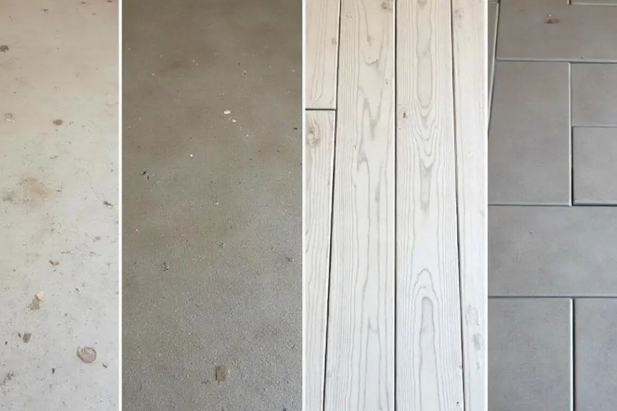 Side-by-side samples of unfinished concrete, painted or sealed concrete, vinyl planks, and ceramic tile showing different basement flooring textures.